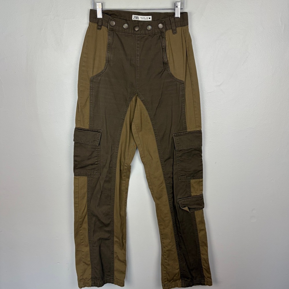 Zara Two Toned Cargo Pants Canvas Brown Tan Utility Gorpcore Earthy Size 2